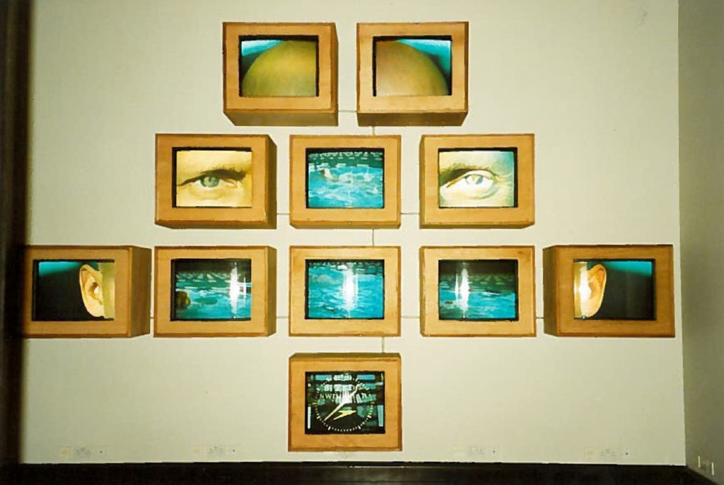 Original installation view of the portrait of Duncan Goodhew (1957-), swimmer, by Marty St James and Anne Wilson, multi-monitor video portrait, 1990 © National Portrait Gallery, London