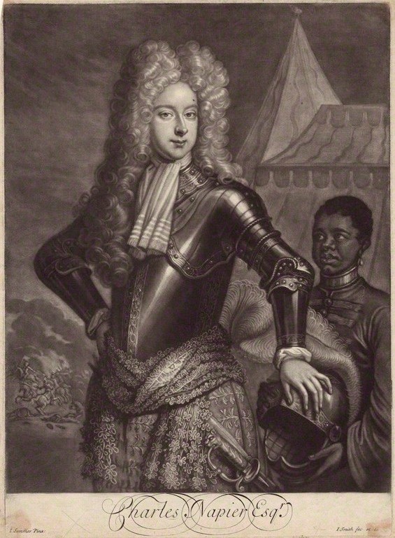 Sir Charles Napier, 2nd Bt, and a servant boy, by John Smith, after J. Sommer, mezzotint, 1700. © National Portrait Gallery, London