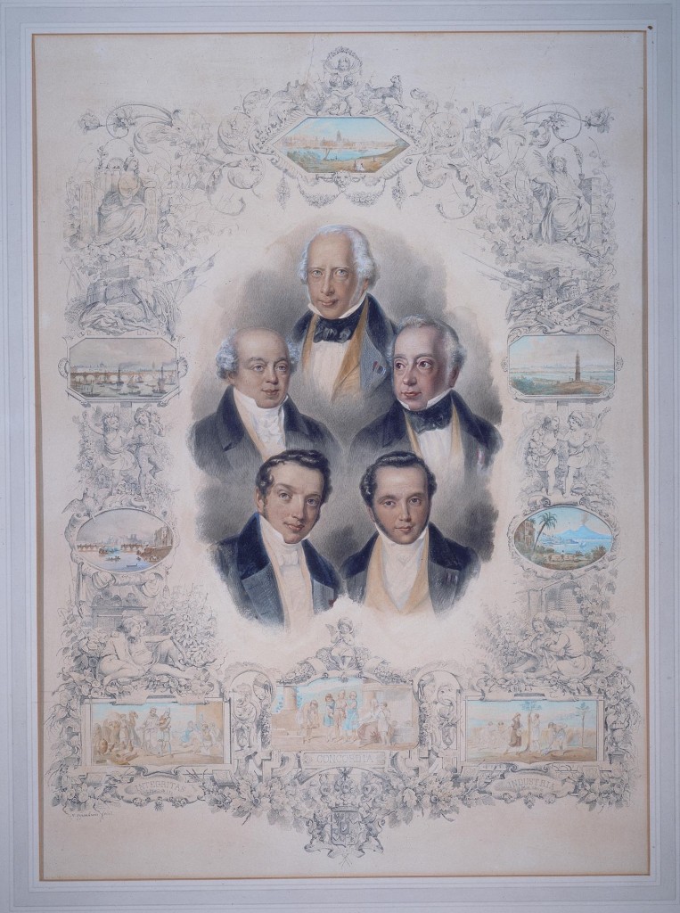 The Five Rothschild brothers, lithograph by Hermann Raunheim, after a portrait by Moritz Daniel Oppenheim, Paris, 1852. Collection of The Rothschild Archive London.