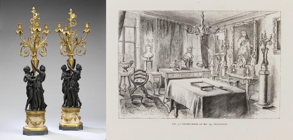 Left: Pair of ormolu three light candelabra, France, 1770-80. Museum number 964-1882. Right: The Dining Room at No.95 Piccadilly © Victoria and Albert Museum, London