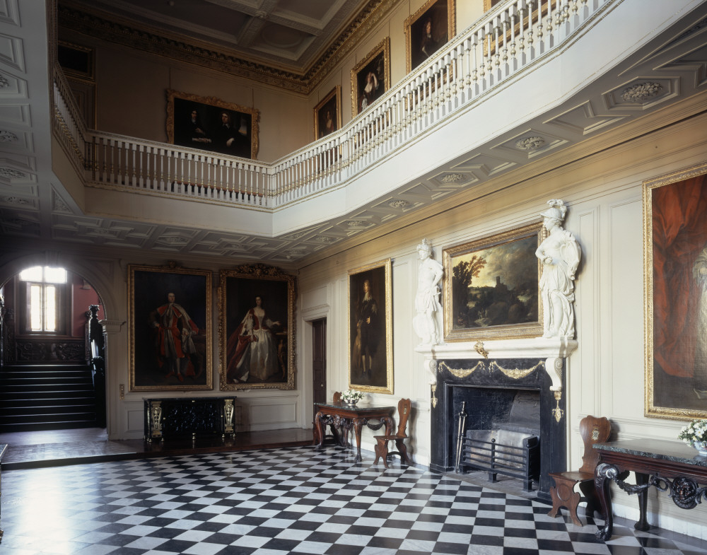 Ham House, Surrey. The Great Hall, with its original black and white marble floor. The ceiling was pierced c.1698-1728 to create the present hall and first-floor gallery. © National Trust Images/Bill Batten