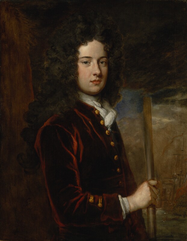 James Berkeley, 3rd Earl of Berkeley by Sir Godfrey Kneller, Bt., oil on canvas, c.1710 © National Portrait Gallery, London. Berkeley appears to be wearing a deep rust red silk velvet coat with a linen stock at his throat. The cuff of his linen shirt is just visible, emerging from the end of his coat sleeve.