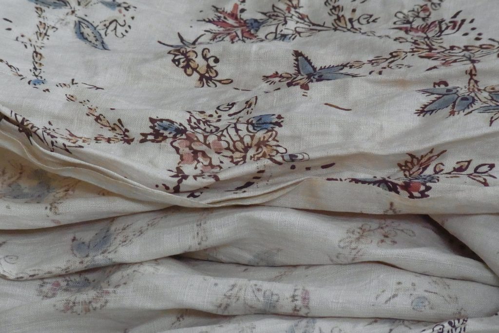 A detail from a printed cotton dress, c.1775-1795, part of the school’s teaching collection