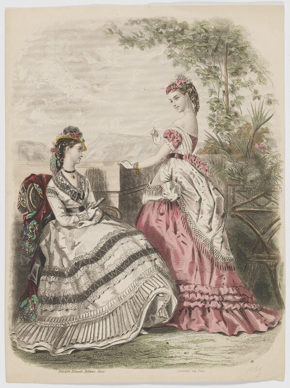 Day and evening dresses, 1869, probably after Héloise Leloir (née Colin), hand-coloured etching, line and stipple engraving, 1869. © National Portrait Gallery, London (ref. D48042)