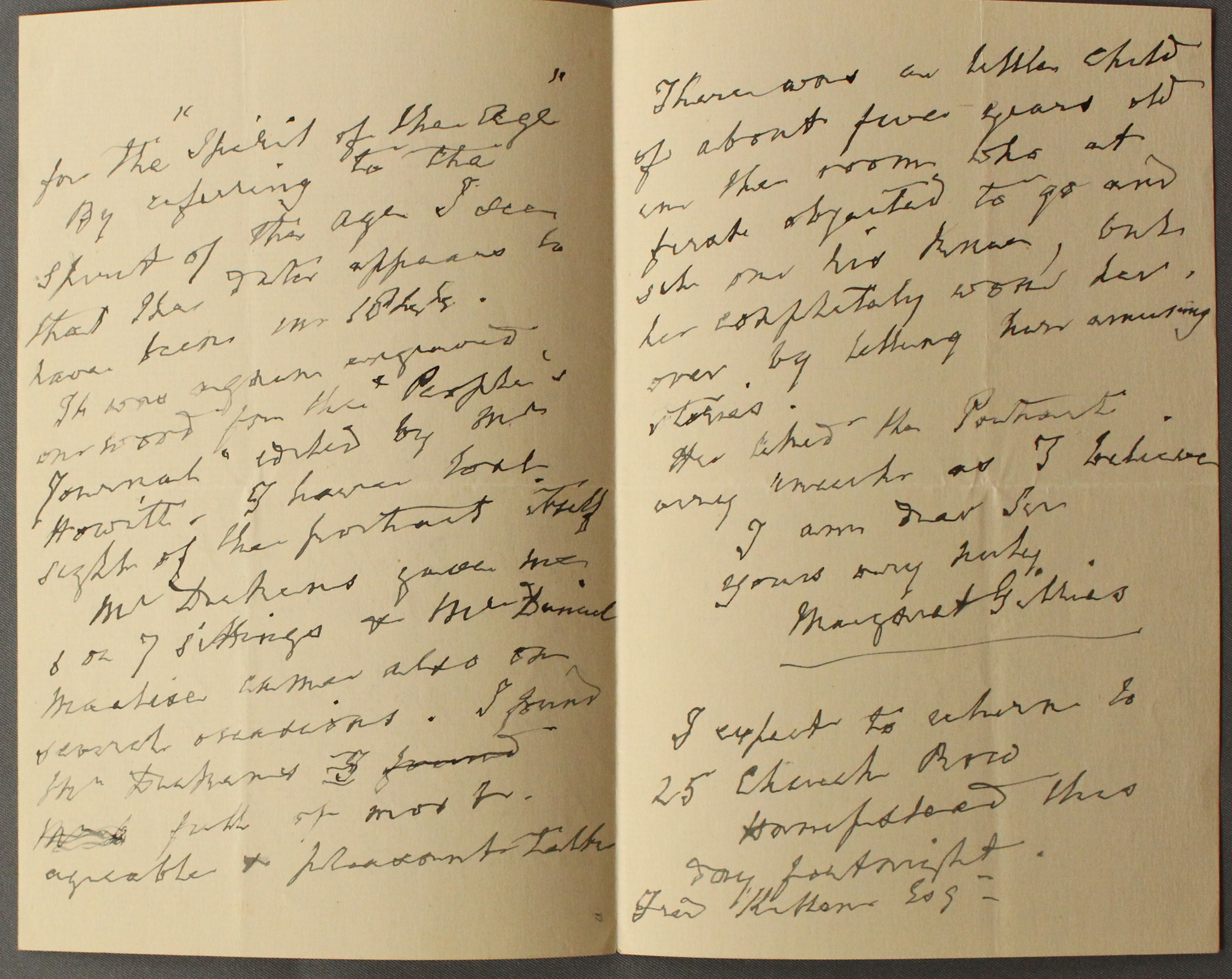 Margaret Gillies writes to Frederic Kitton on 8 July 1886, reminiscing about the portrait she painted of Dickens. She recalls he gave her 6 or 7 sittings and he was ‘a most agreeable and pleasant talker’. © Charles Dickens Museum