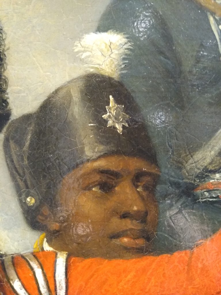 Close up of groom standing behind the horse of Coote Manningham and who also appears in the portrait of Boyd. Image: The Royal Green Jackets (Rifles) Museum